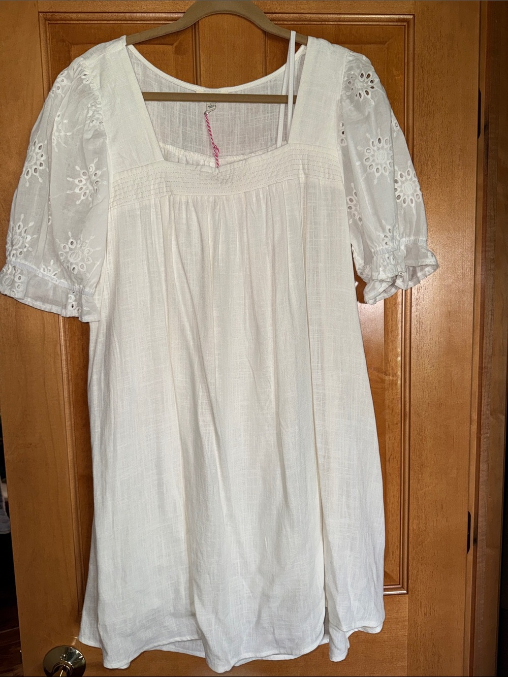 NWT Umgee White Eyelet Puff Sleeve White Linen Lined Dress- Large